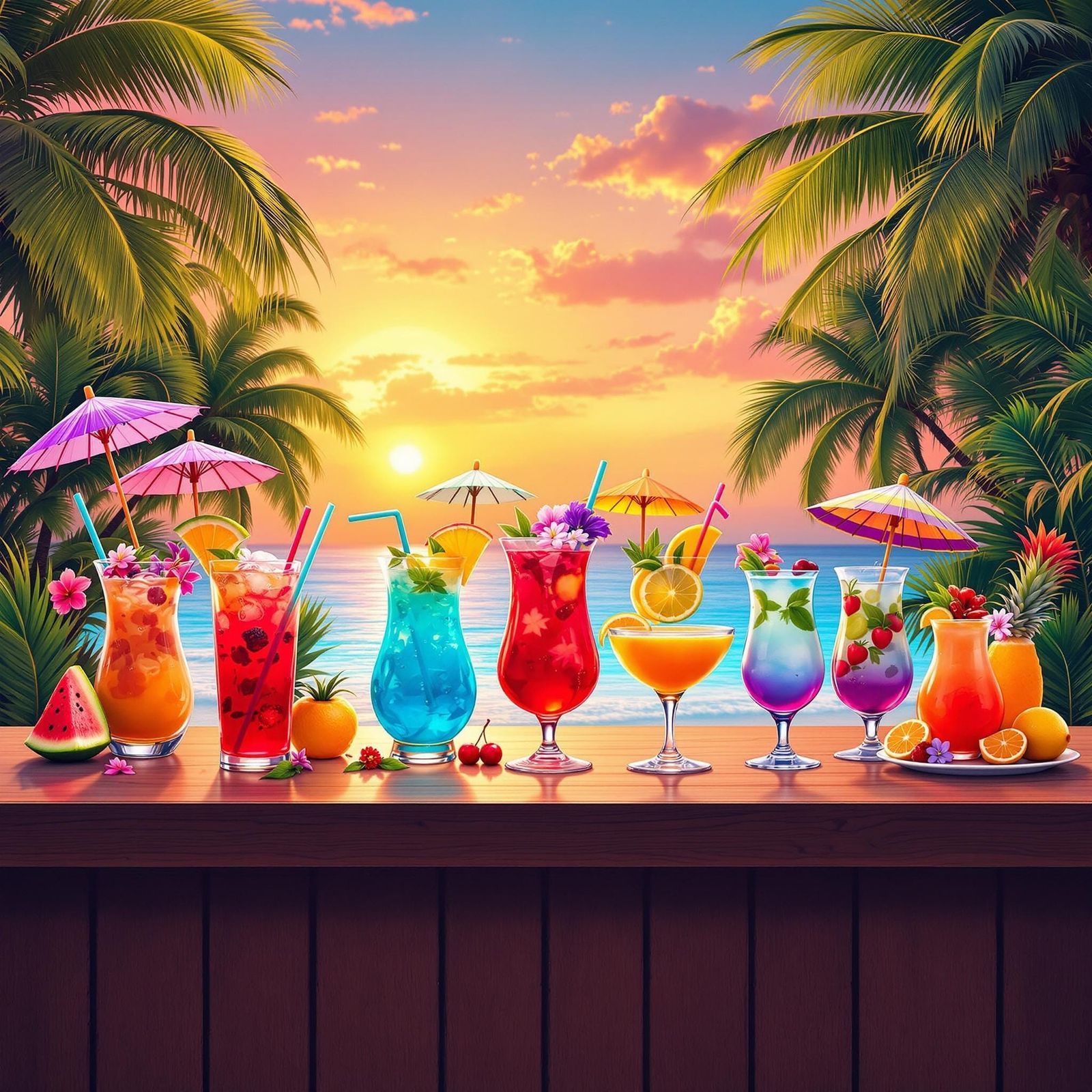 Vibrant Tropical Cocktails on a Futuristic Bar