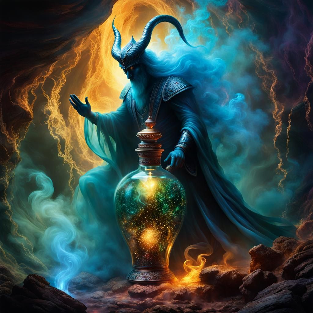 Djinn Emerges from Enchanted Bottle in Treasure Cave