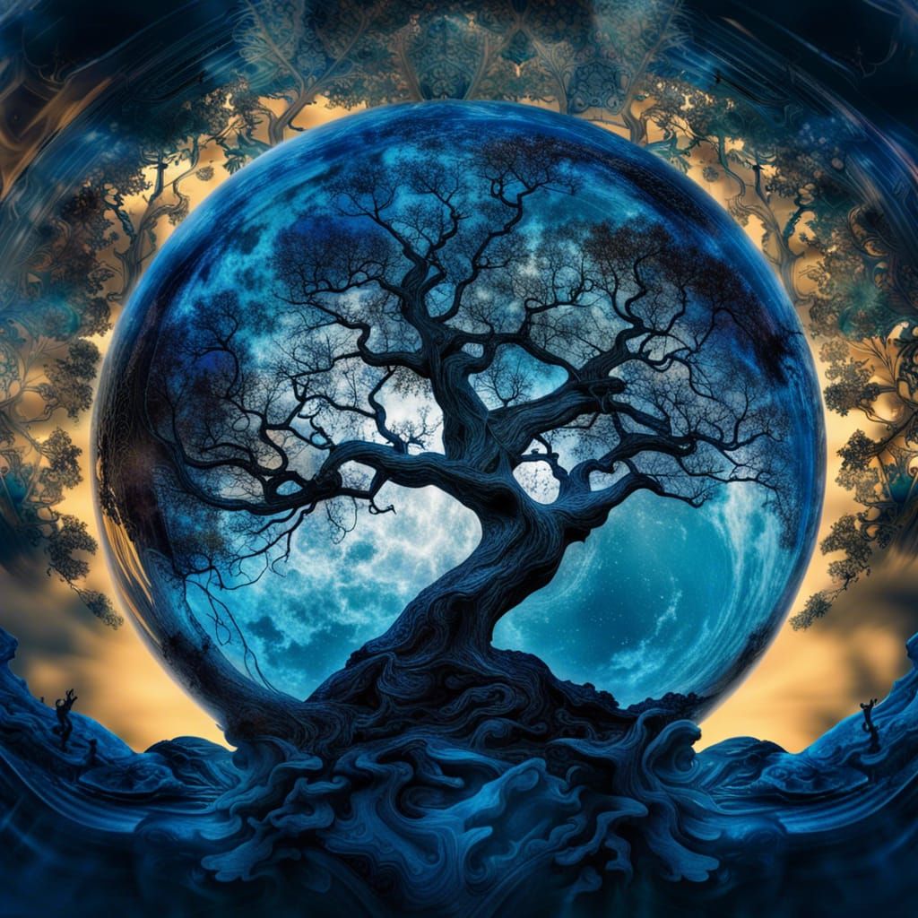 Tree and Moon in Glass Orb: Double Exposure Art