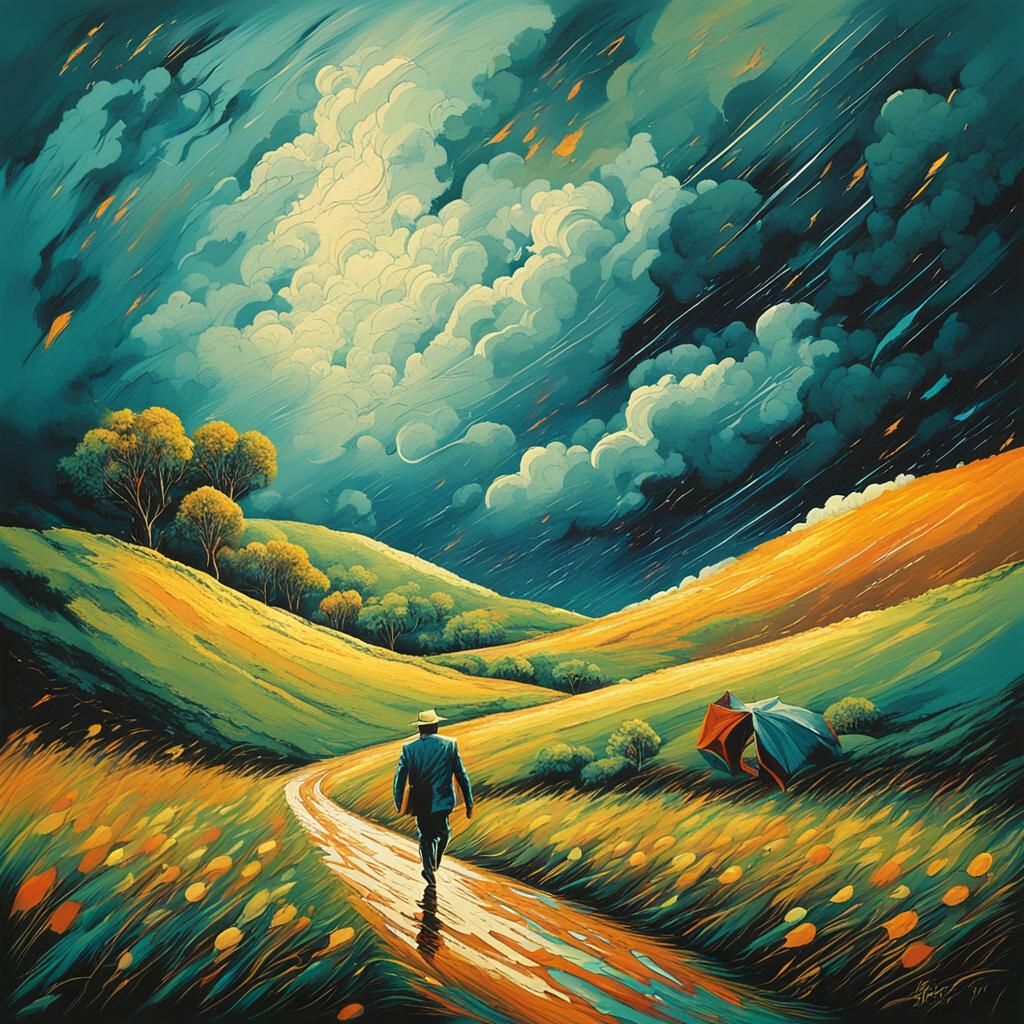 Hero Walks Through Summer Thunderstorm in Abstract Art