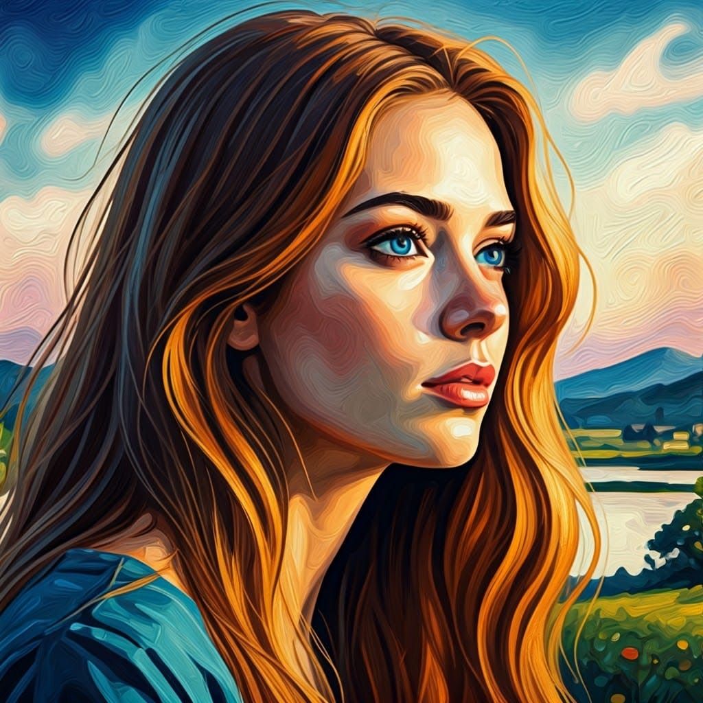 Contemplative Blue-Eyed Woman in Neo-Impressionistic Style