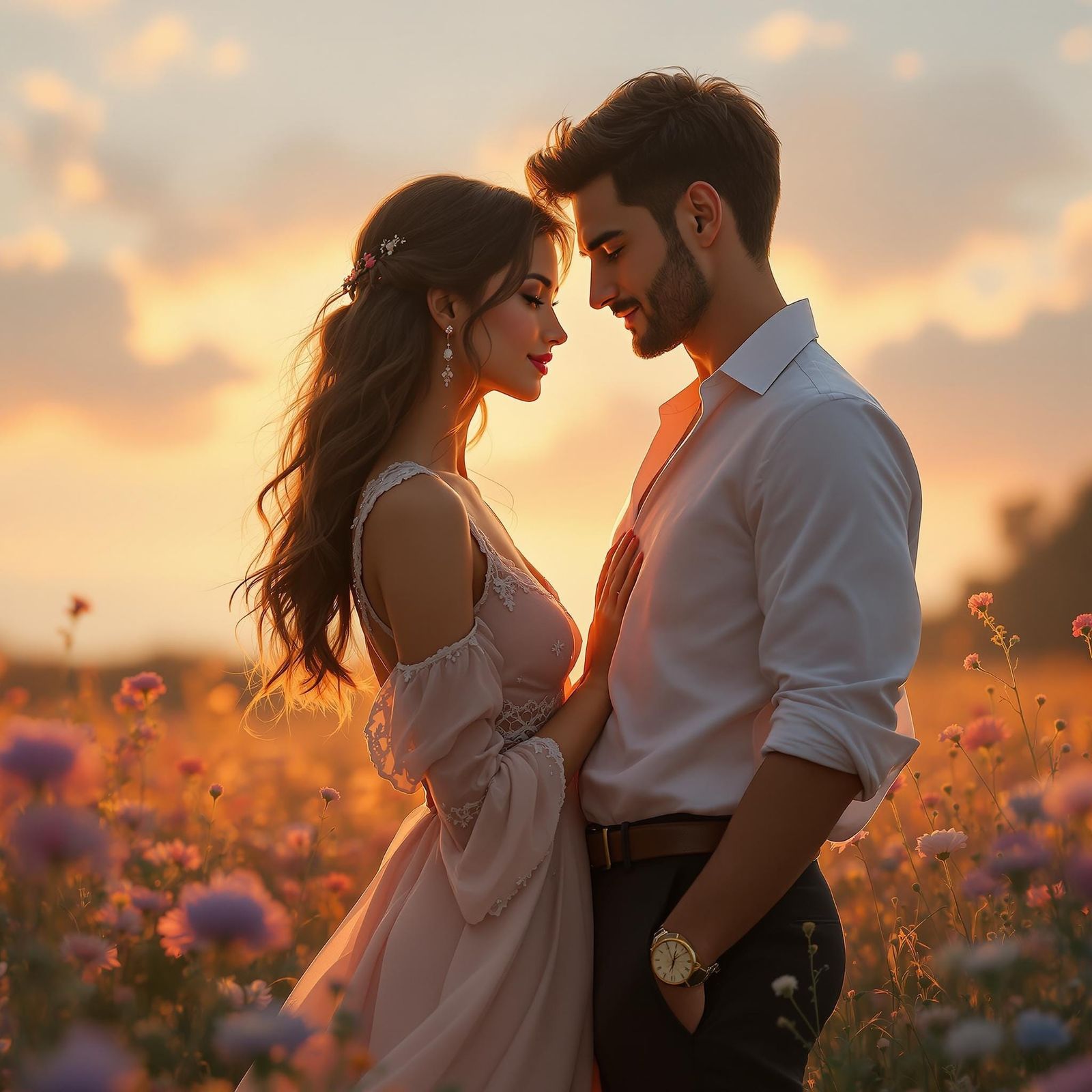 Tender Sunset Moment in Whimsical Fantasy Style