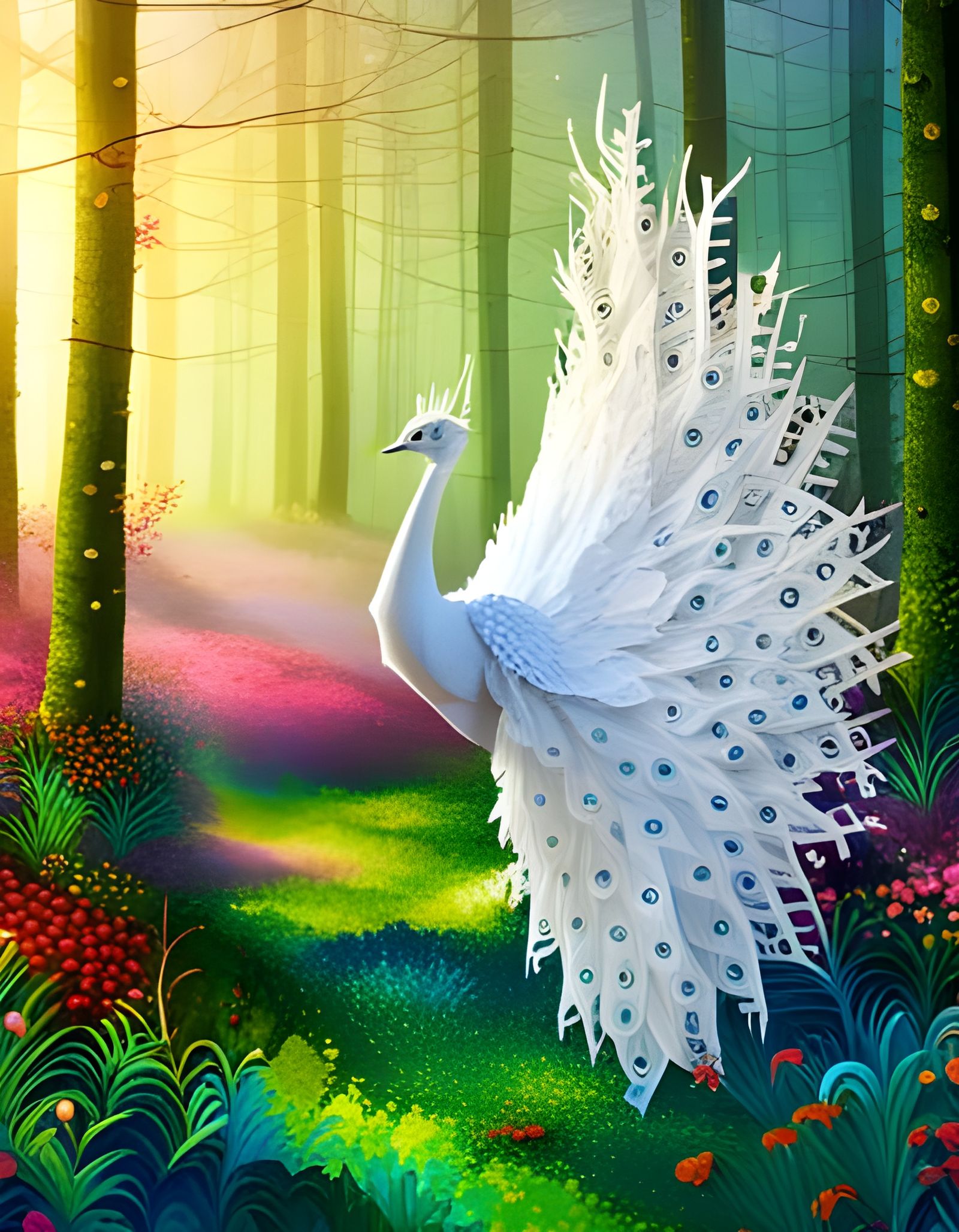 Dancing White Peacock Origami Sculpture in Emerald Forest