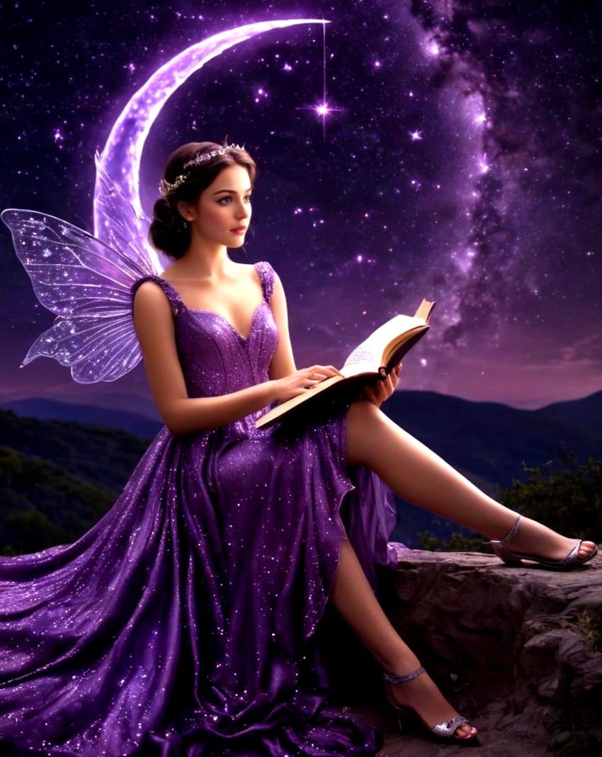 Fairy on Crescent Moon Reading Book: Fantasy Art