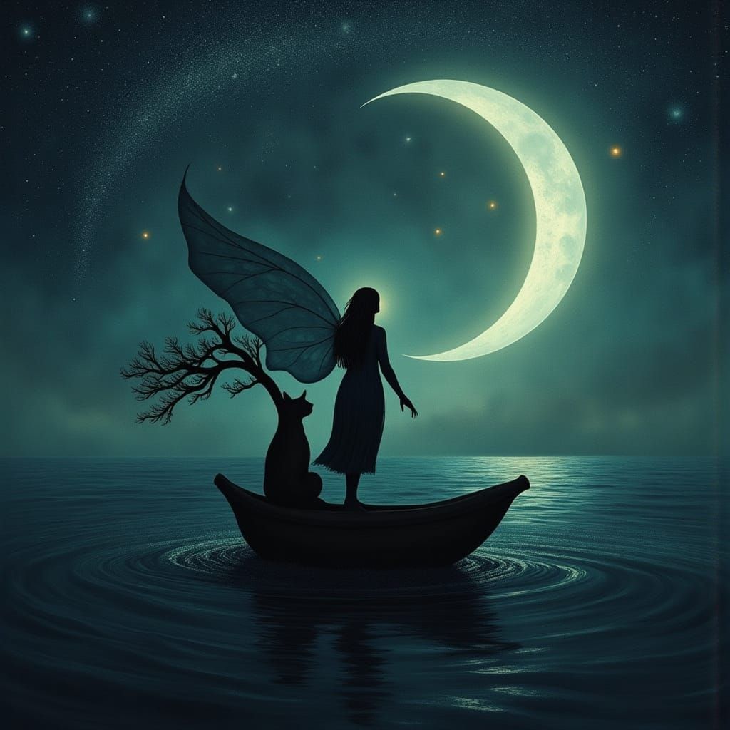 Fae Boatman on the River Ether Under Meteor Shower