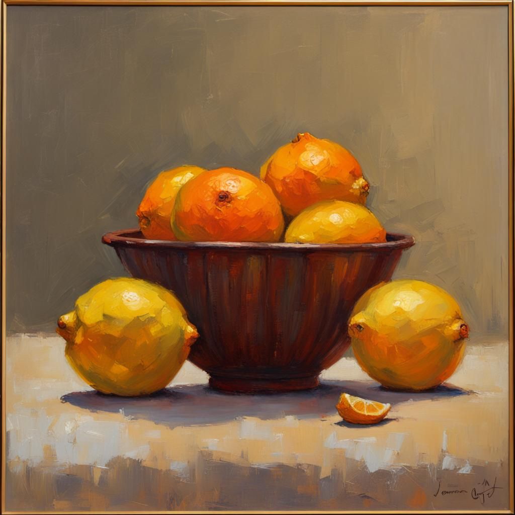 Orange and Lemon Still Life as Oil Painting
