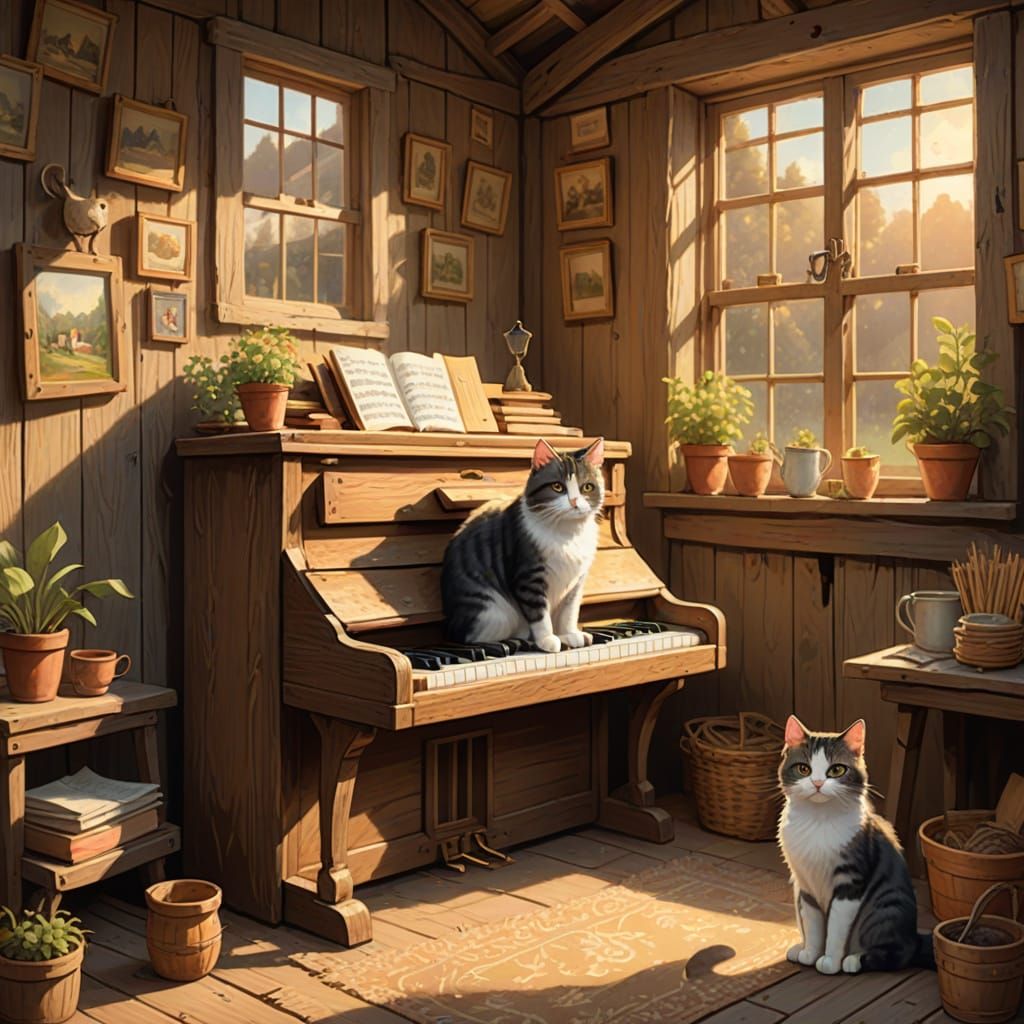 Fluffy Barn Cat Plays Piano in Rustic Barn