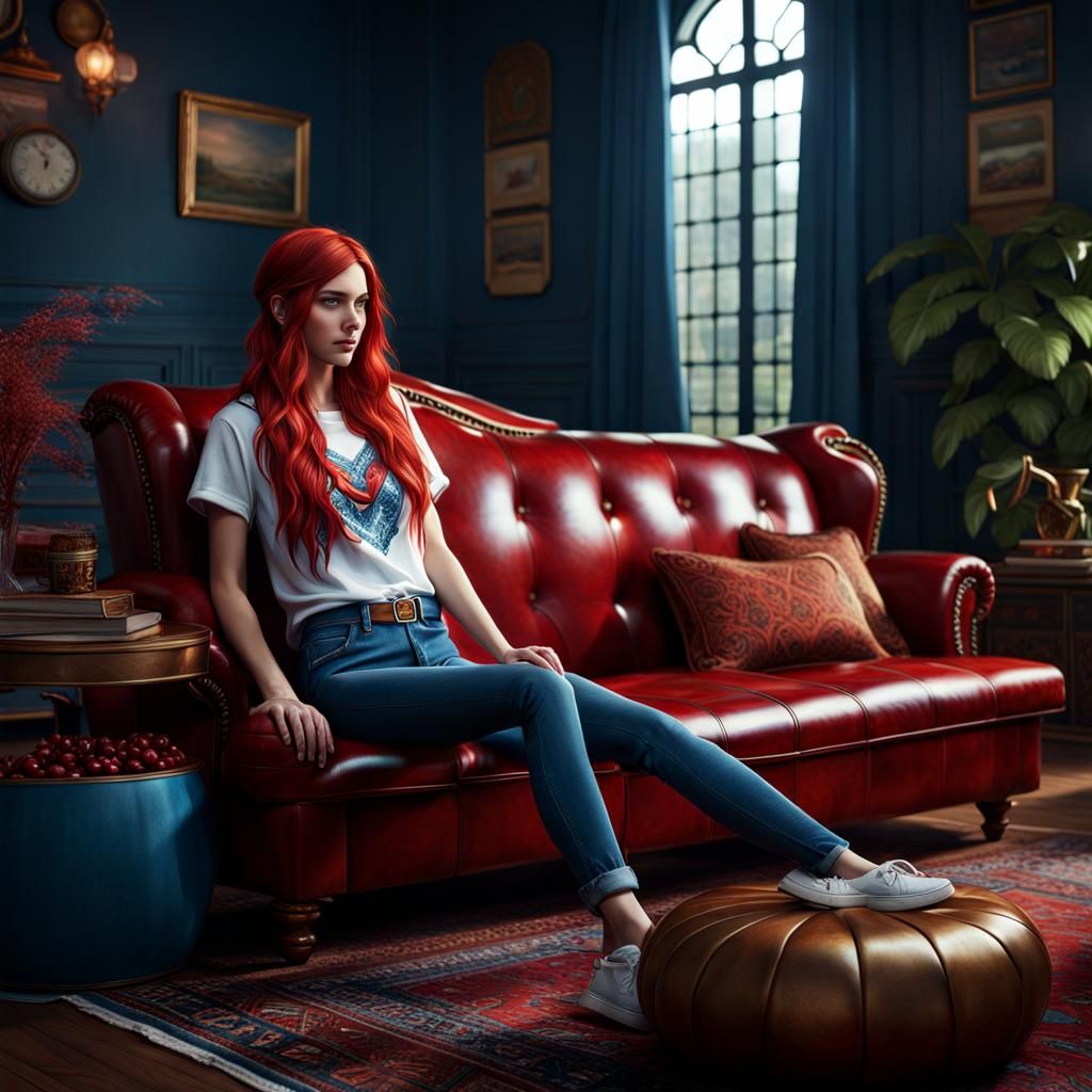 Teenage Girl on Sofa: Detailed Matte Painting