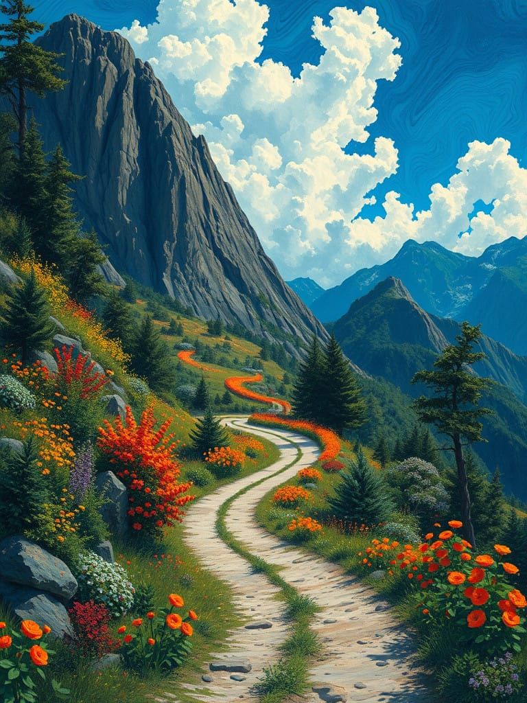 Whimsical Mountain Road in Vibrant Impasto Style