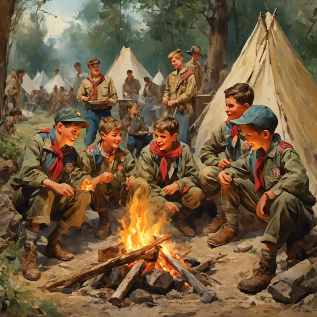 Boy Scouts Campfire Scene in Hyperreal Style