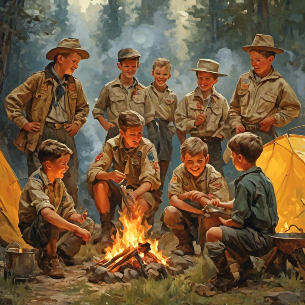Boy Scouts Campfire Scene in Hyperreal Detail