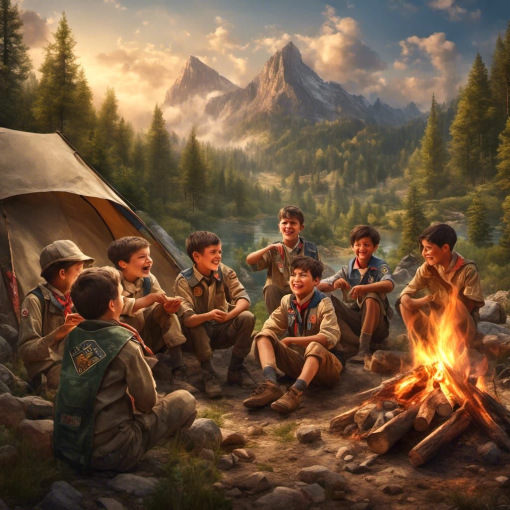 Boy Scouts Campfire Scene: Hyperreal Outdoor Adventure