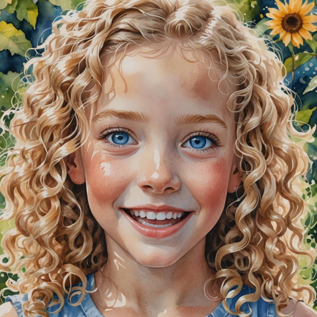 Watercolor Portrait of a Happy Girl in Lush Garden