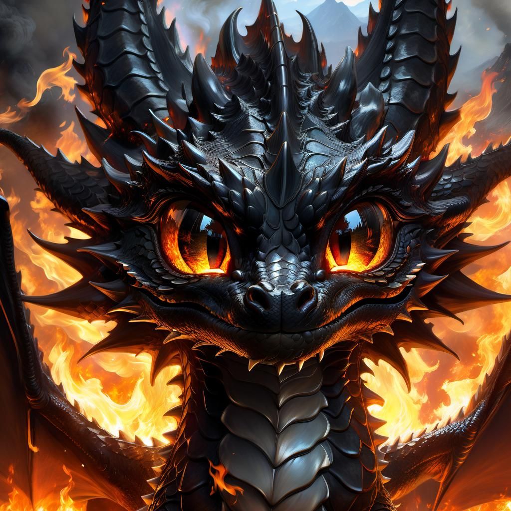 Fiery Black Coal Dragon Anime Portrait