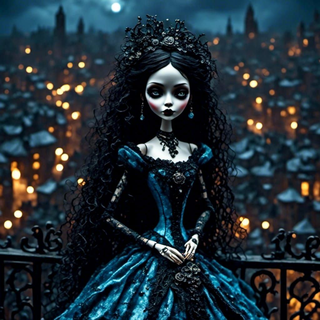 Gothic Porcelain Doll Overlooks City at Night