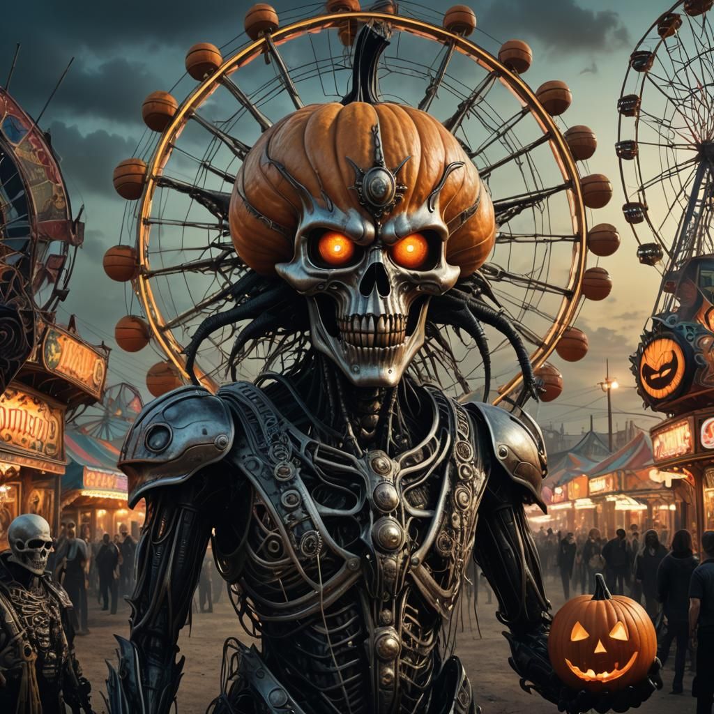 Pumpkin-Headed Creature at Carnival in Biomechanical Style