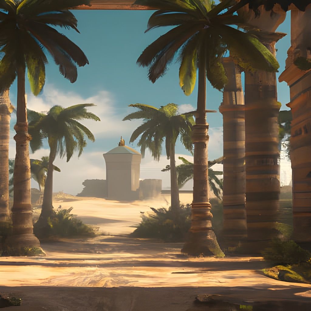 Egyptian Temple Courtyard in Studio Ghibli Style