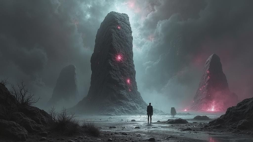 Ethereal Standing Stone with Glowing Runes in Synthwave Horr...