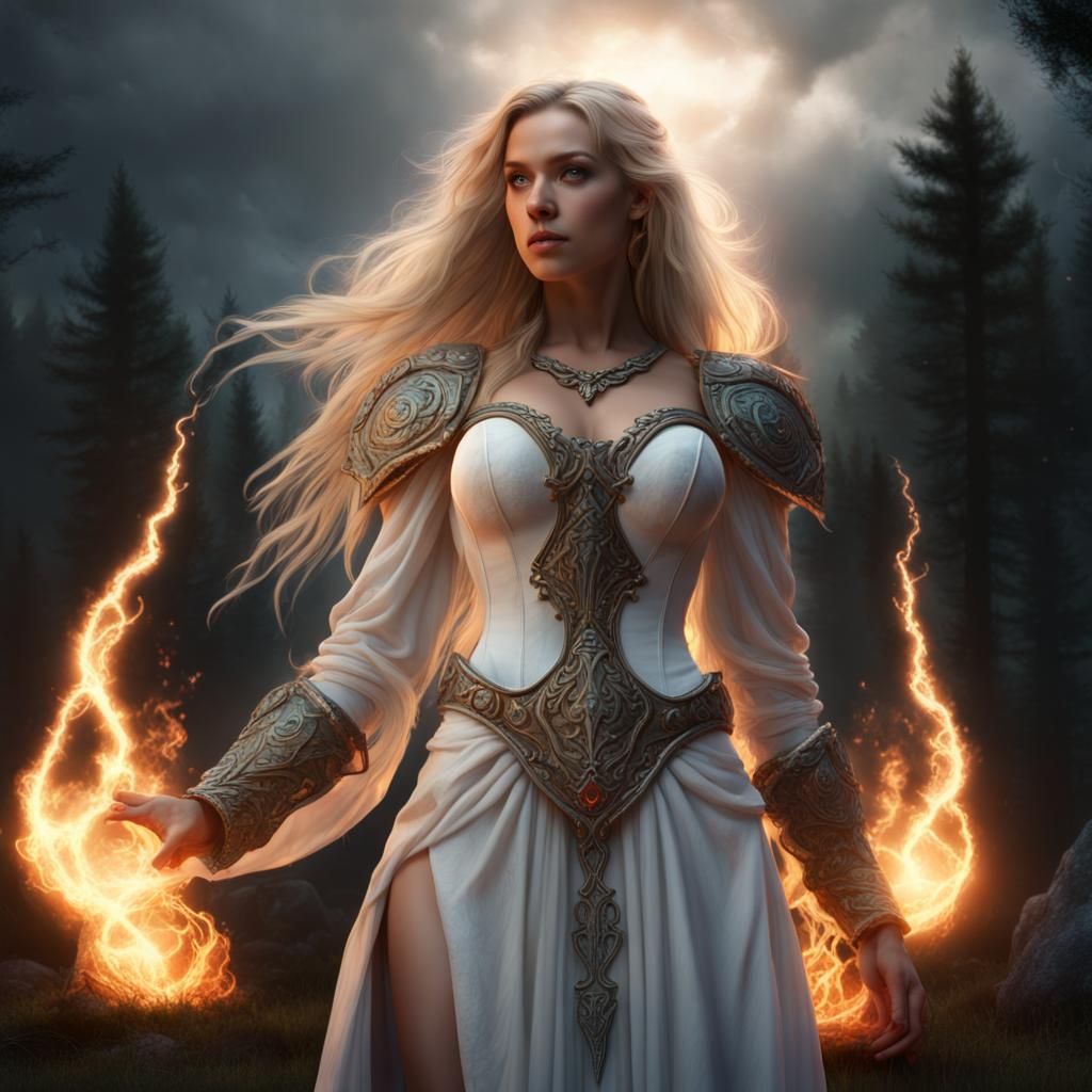 Goddess in Forest Stone Circle with Lightning