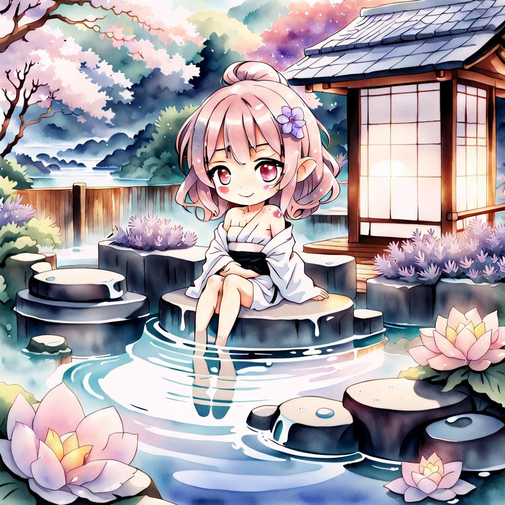 Chibi Girl Relaxing in Hakone Onsen: Anime Key Visual