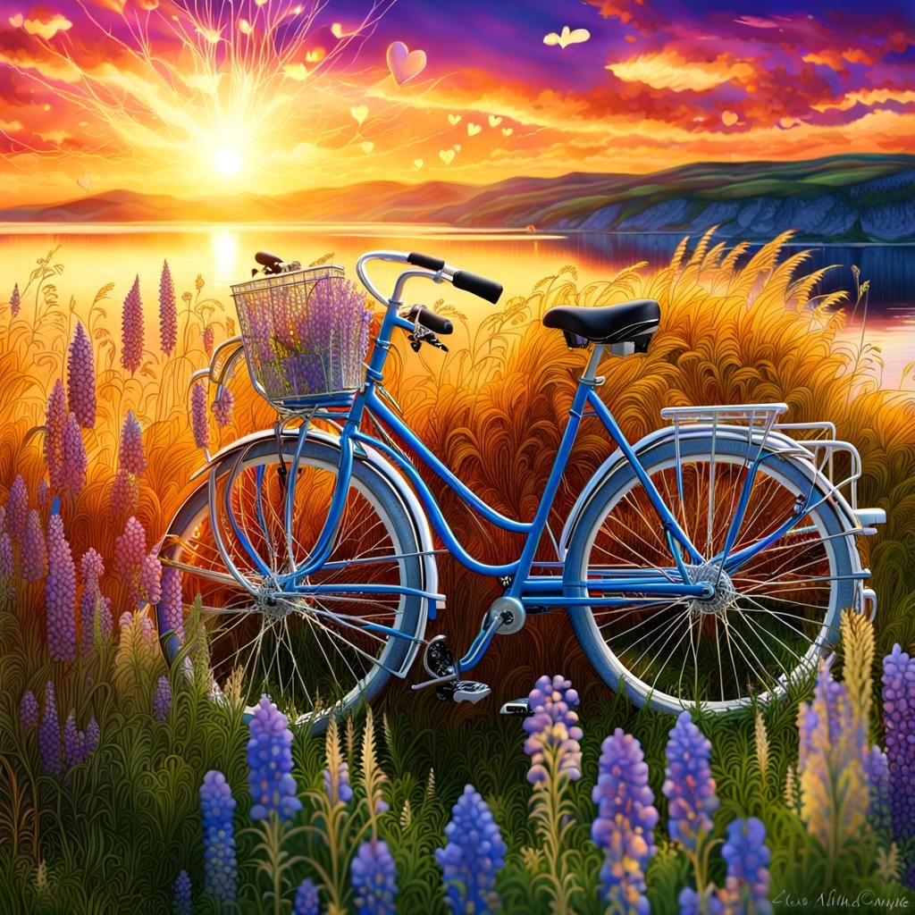 Heart Bicycles at Sunset: Impressionist Gouache Painting