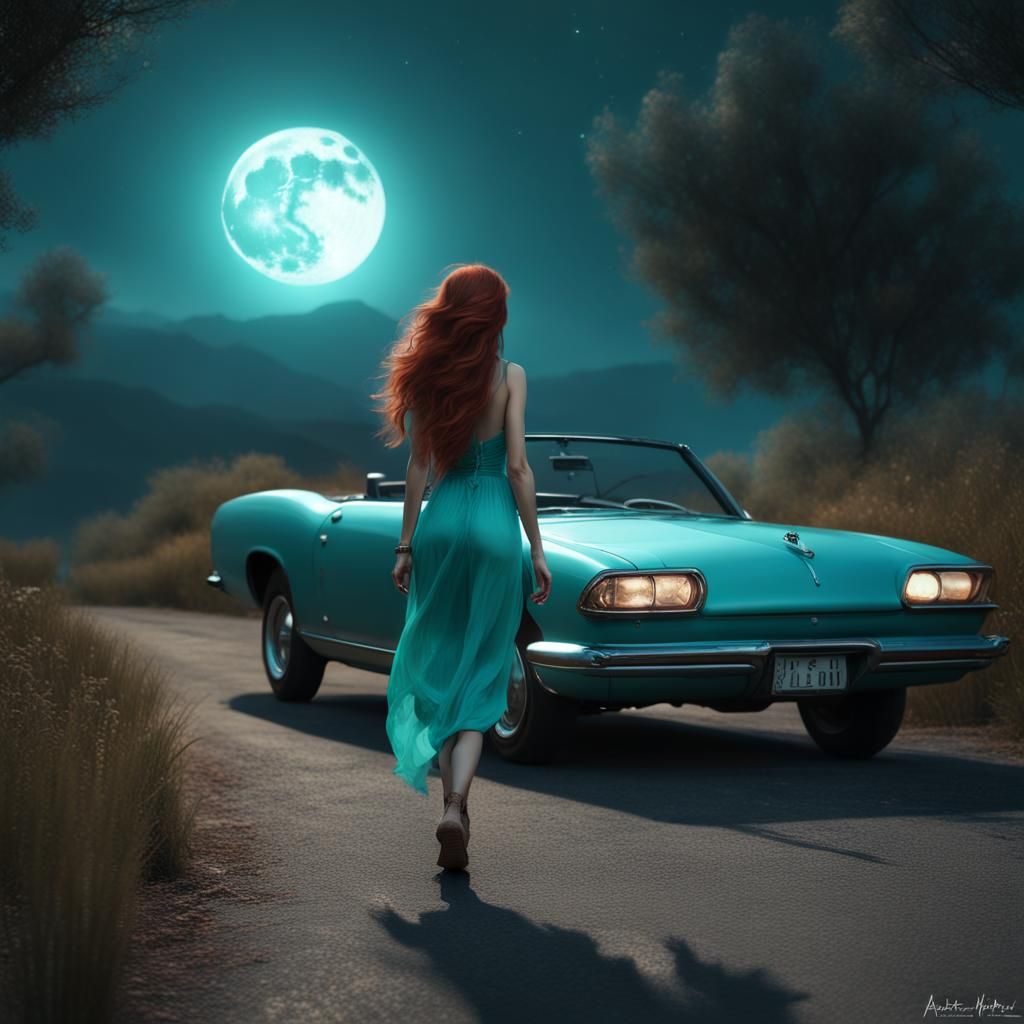 Auburn Haired Woman Walks Under Moonlight