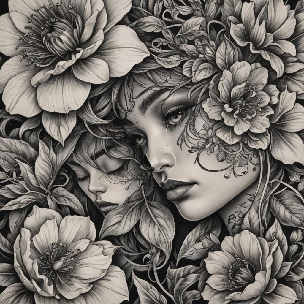 Vibrant New School Tattoos in Detailed Charcoal Drawing