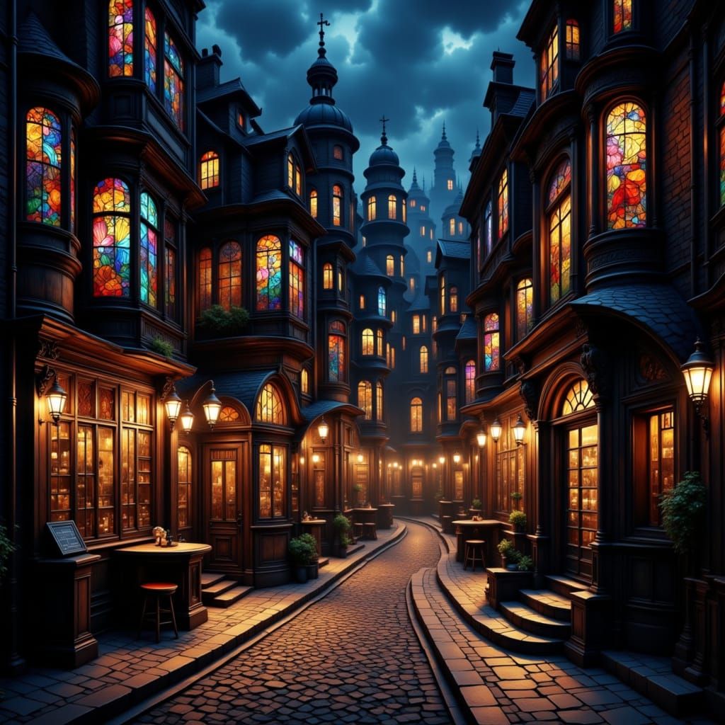 Victorian City Night Scene With Stained Glass Glow