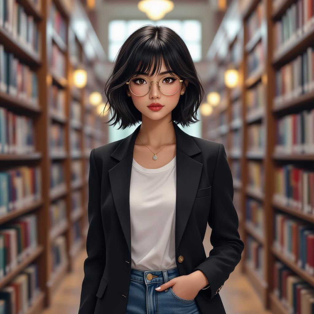 Geeky Girl in Library, Hyperrealistic Splash Art