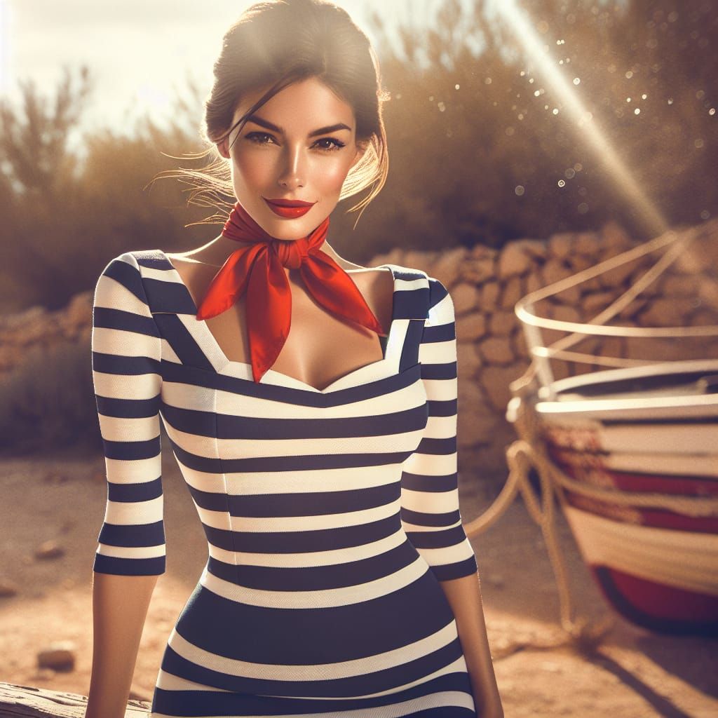 Elegant Woman in Nautical Dress with Red Scarf