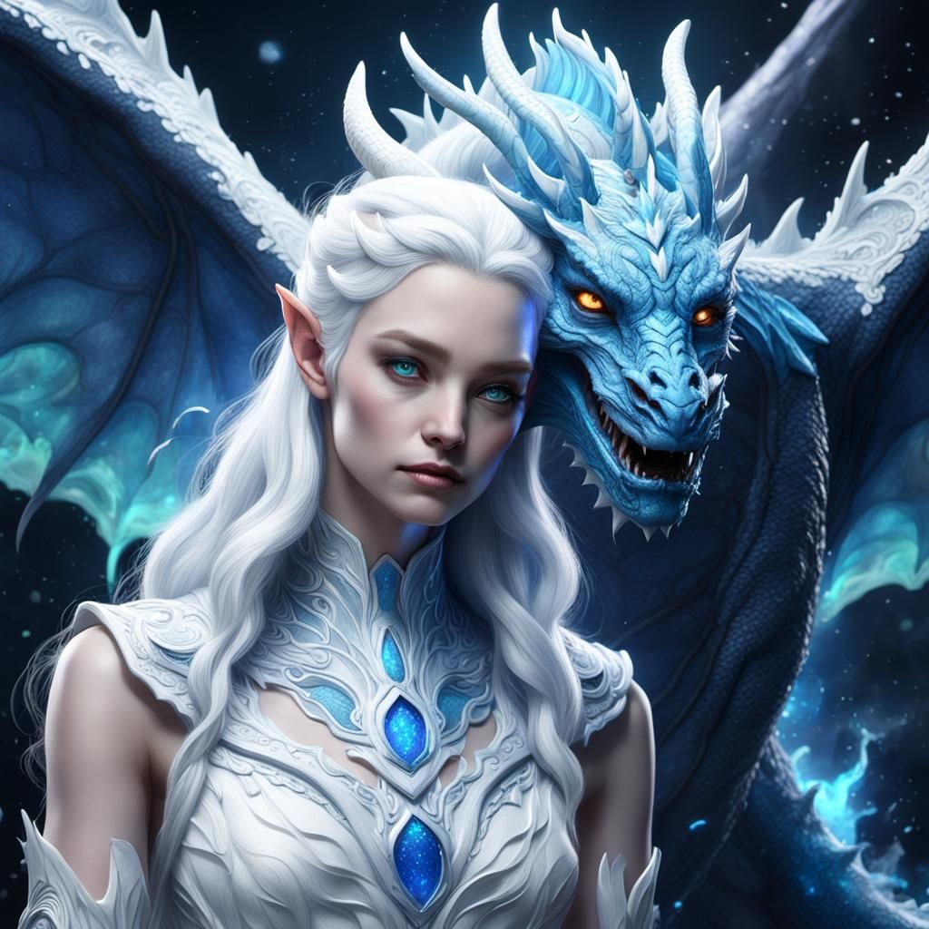 Fantasy Blue-Skinned Goddess with Dragon: Detailed Art