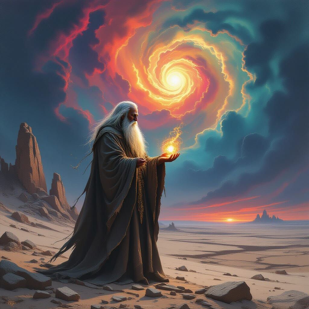 Old Mystic with Cosmic Sky and Arcane Device