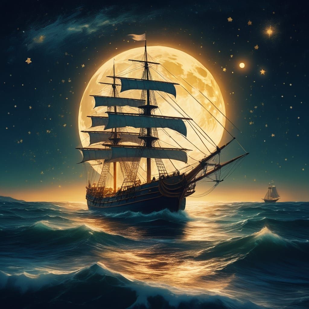 Sailing Ship Under Constellations in Golden Light