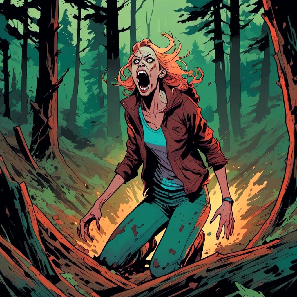 Woman Screaming in Forest, Comic Book Style