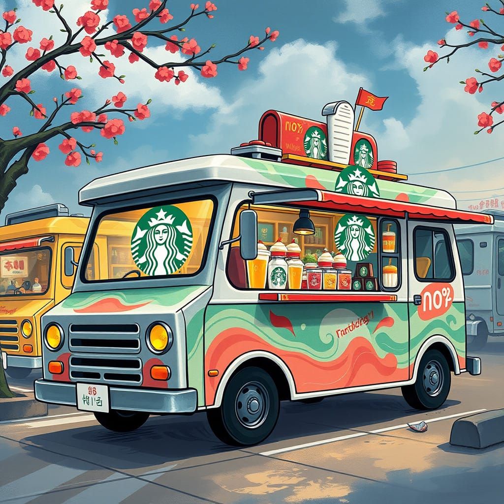 Whimsical Starbucks Mobile Trucks in Vibrant Fantasy Landsca...