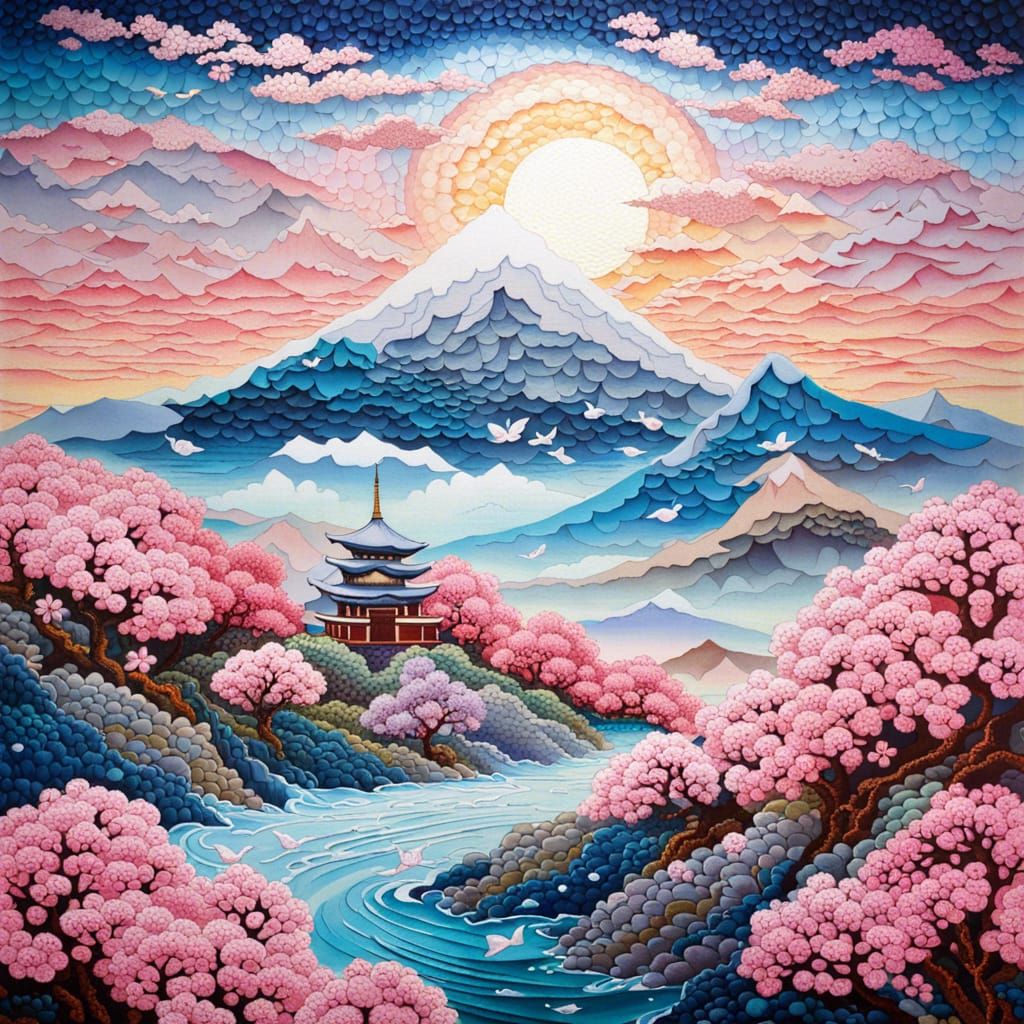 Japanese Crochet Landscape with Origami Mountains