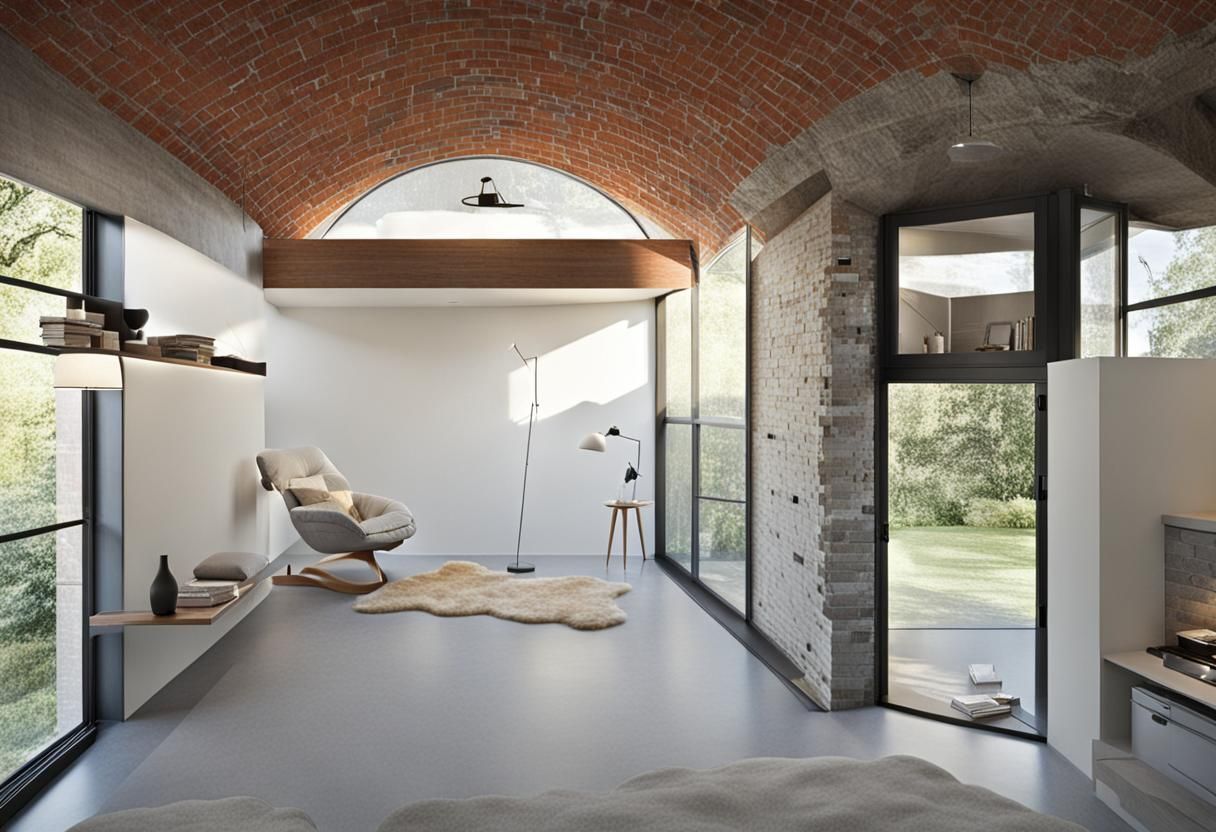 A Vaulted Bedroom with Brick Accents
