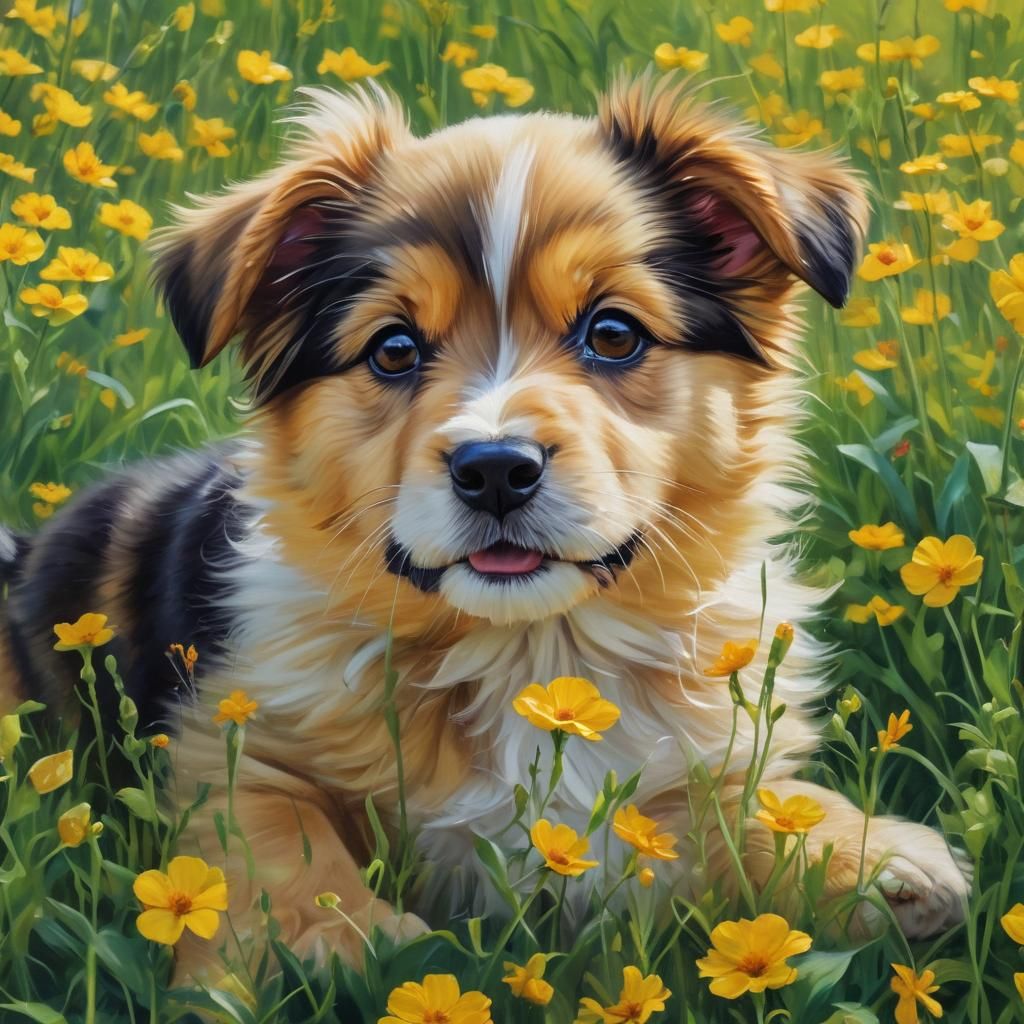 Vibrant Oil Painting of Puppy in Field