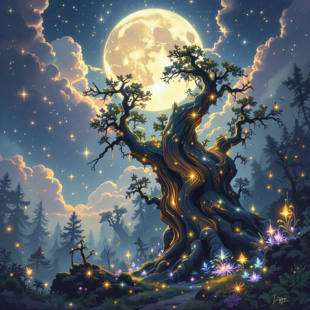 Starlight Trees in Enchanted Forest