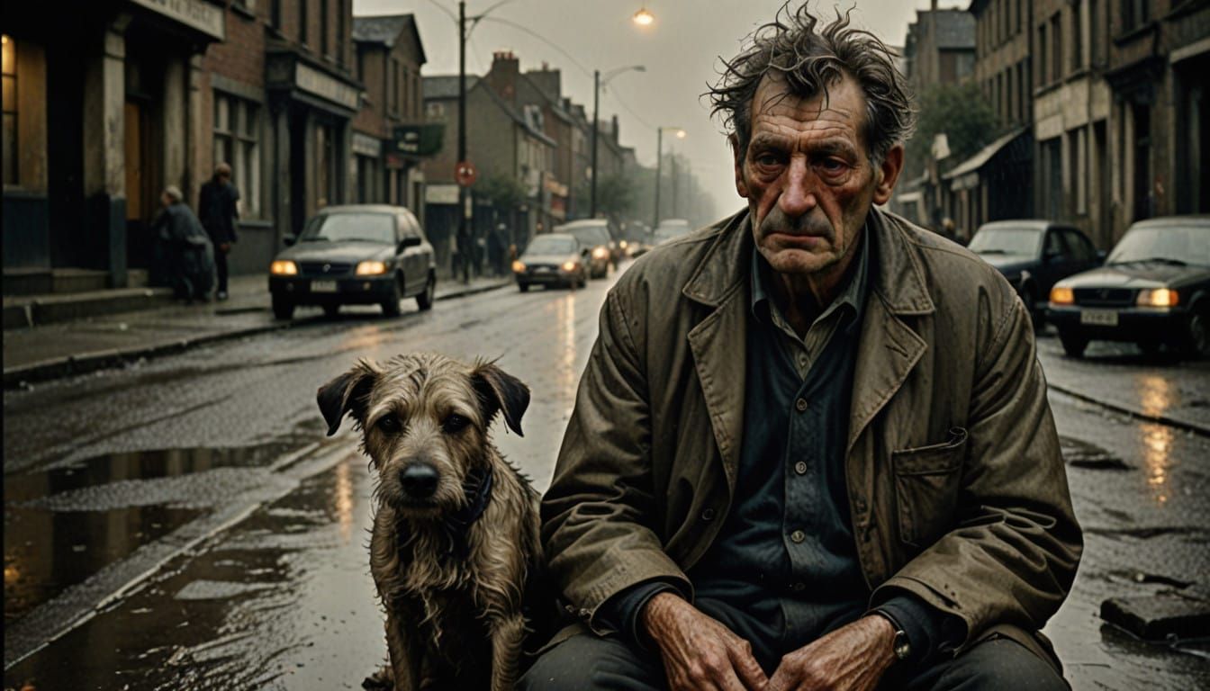 Rainy Night Streets: Homeless Man and Loyal Dog Seek Shelter