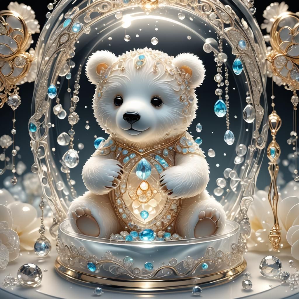 Miniature White Bear Cub in Jeweled Glass Box