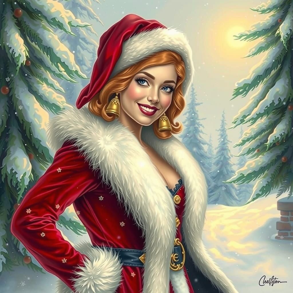 Mrs. Claus Entices in Velvet Coat and Snowy Wonderland