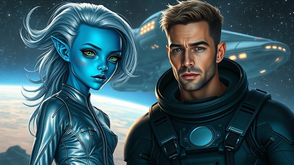 Alien Girl and Human Man in Intergalactic Scene