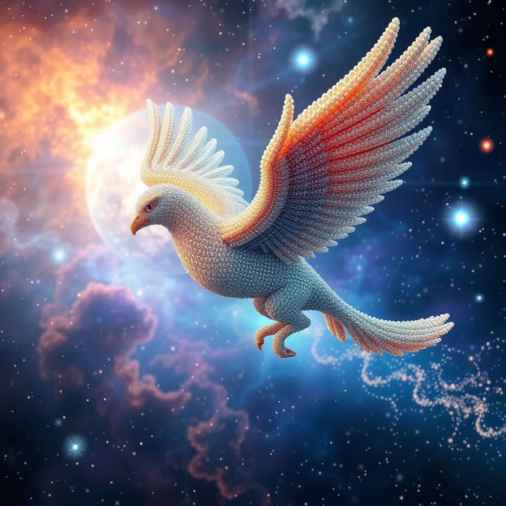 Beaded Celestial Griffin Soaring Through Nebula