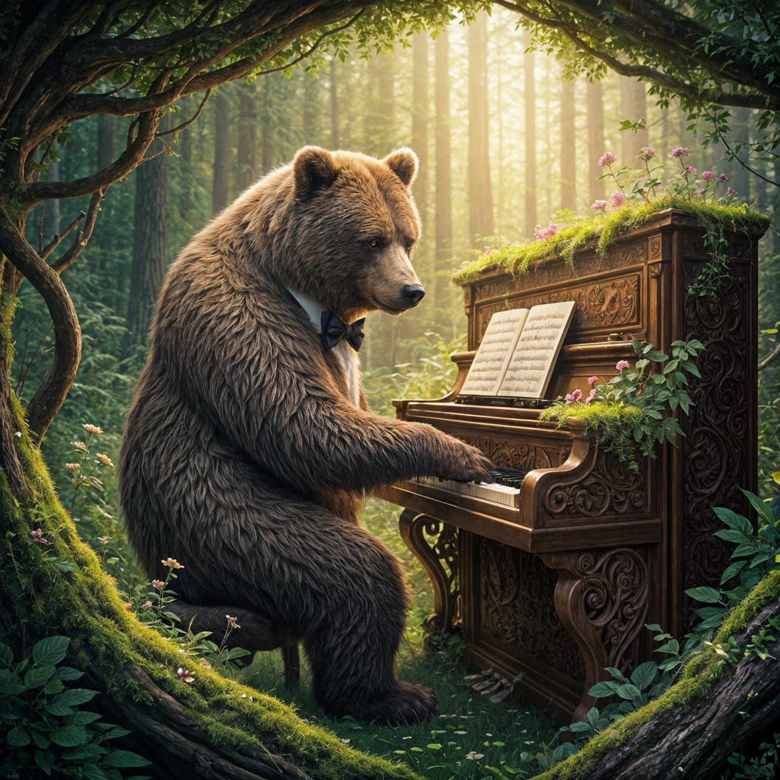 Bear Pianist in Forest Clearing, Oil Painting Style
