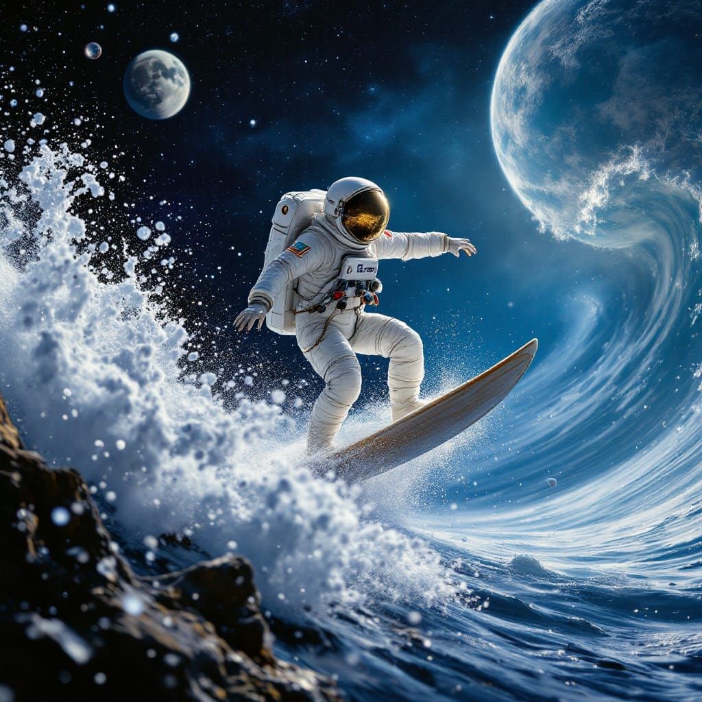 Astronaut Woman Surfing Gravity Waves