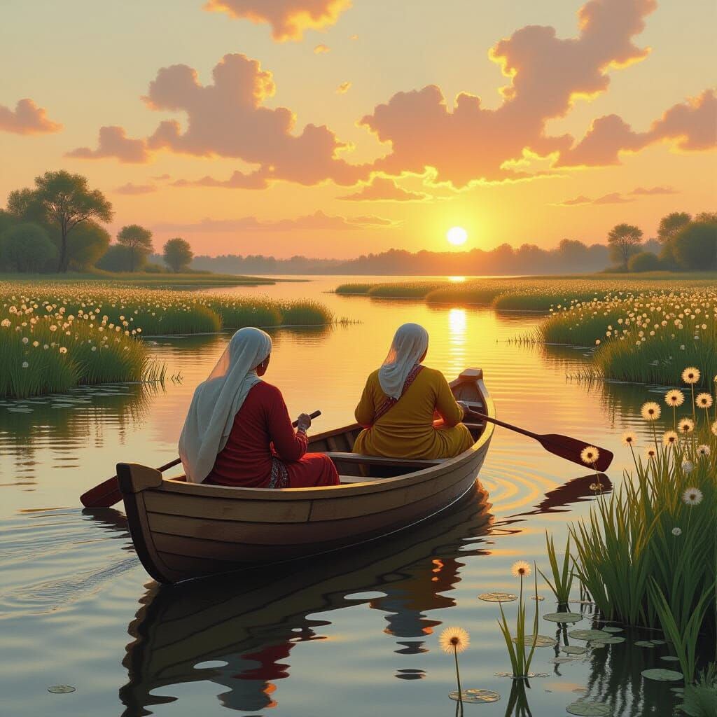 Indigenous Women in Canoe at Sunrise in Dreamy Landscape
