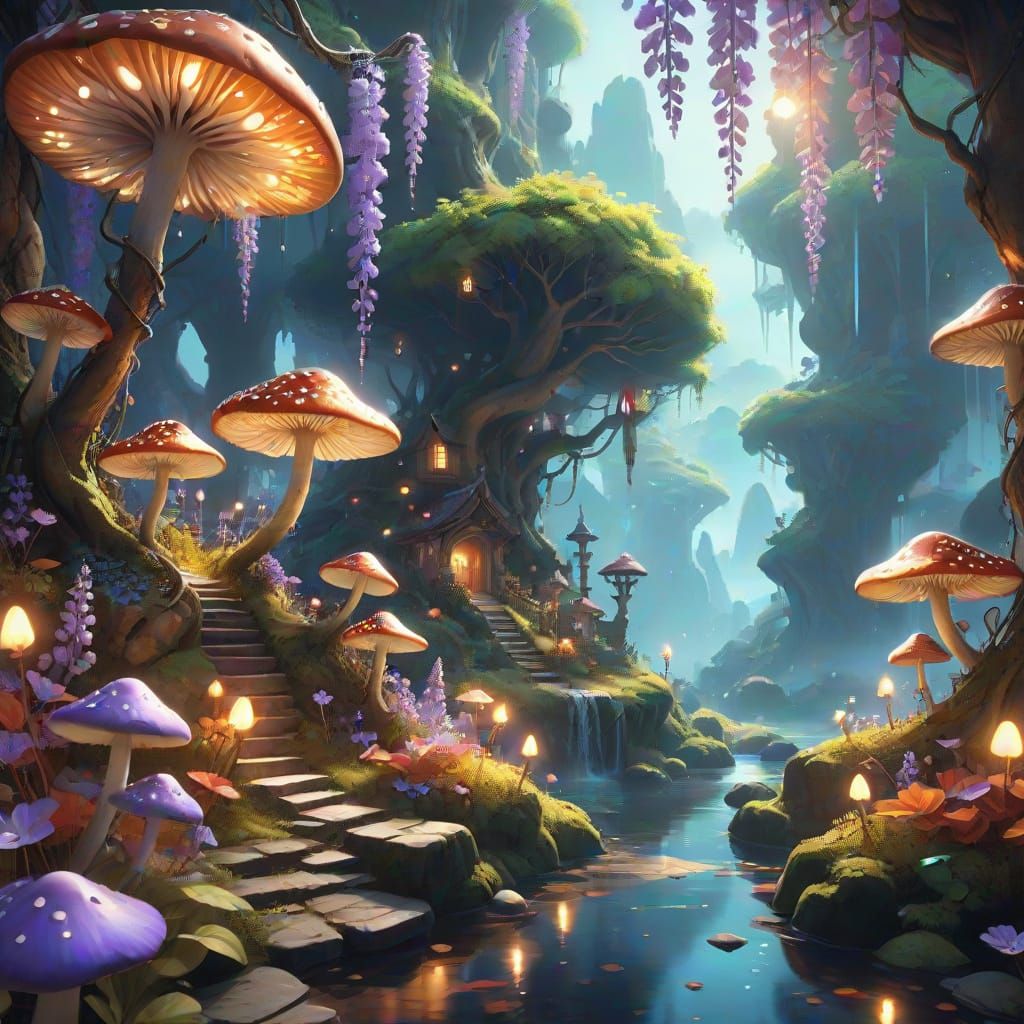 Luminescent Magical Landscape in 3D Anime Style