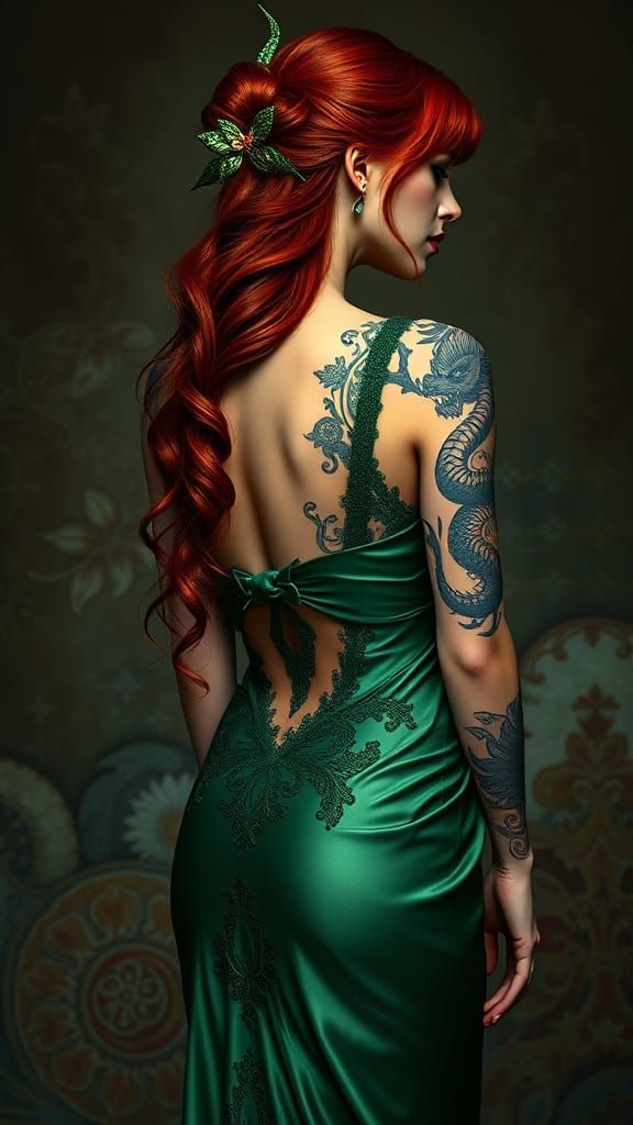 Redhead in Green Dress: Alphonse Mucha Style