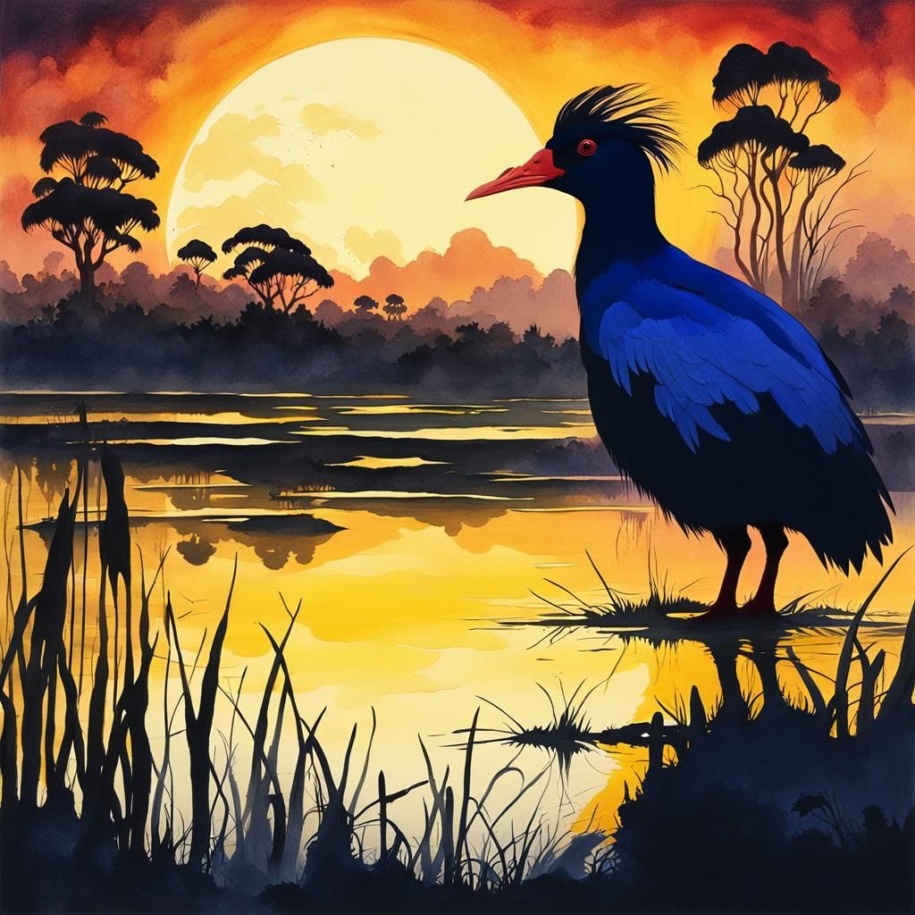 Pukeko Silhouette Under Moon in Gouache Style